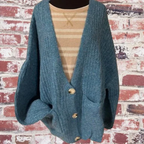 Blue Button Down Balloon Sleeve Cardigan - Picture 1 of 8